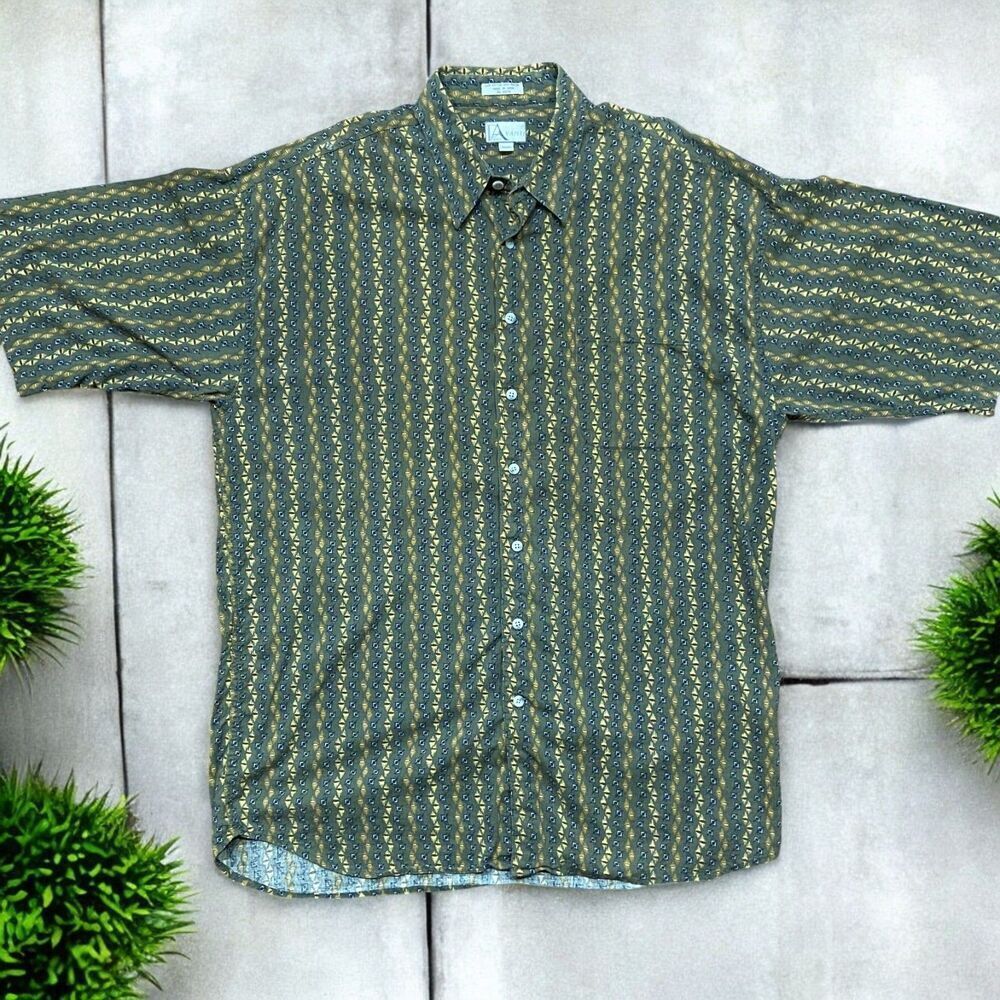 Paulo Avanti Vintage 90s Green Geometric Rayon Blend Button Front Shirt Mens 2XL